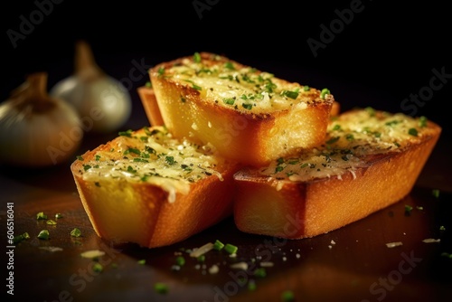 An appetizing close-up of warm garlic bread, adorned with melted butter and sprinkled with fresh herbs. Generative AI