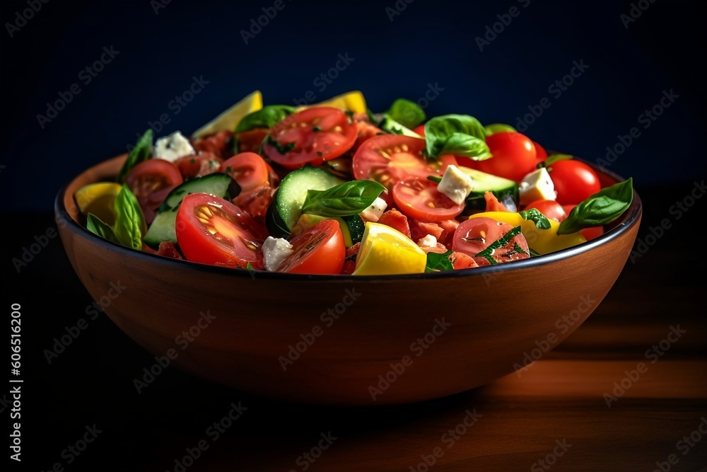 Greek salad in a ceramic bowl. Tomatoes, cucumber, feta cheese, basil, bell peppers. Healthy food, fresh vegetable salad, diet meal. Generative AI.