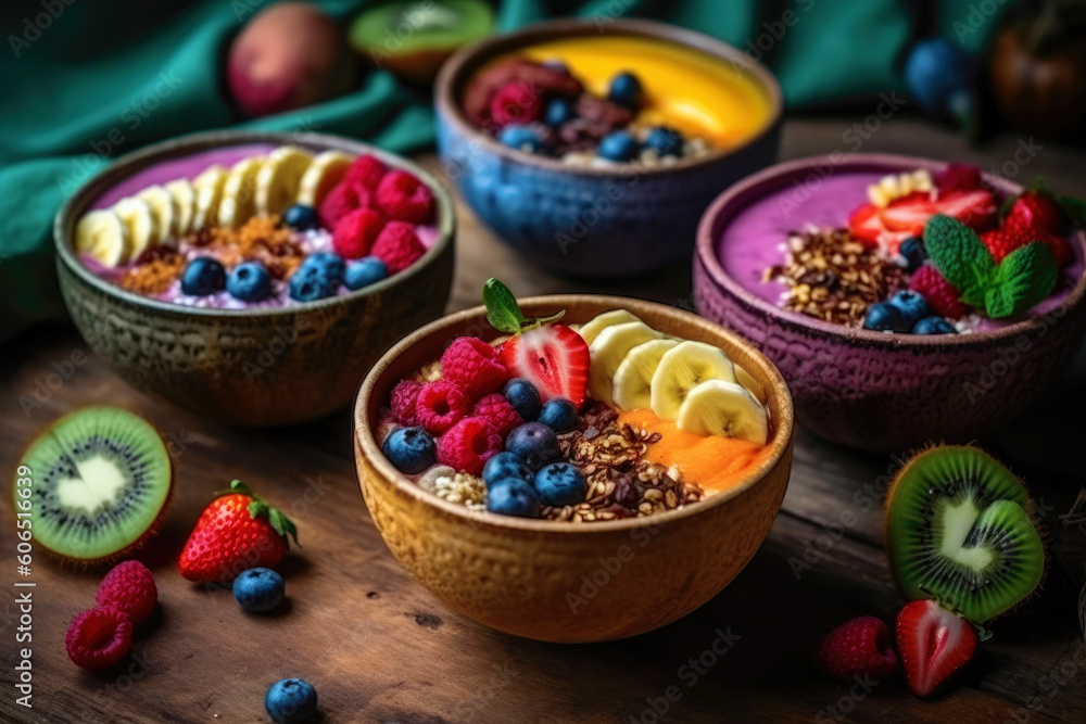 Smoothie bowls. Created with Generative AI technology.