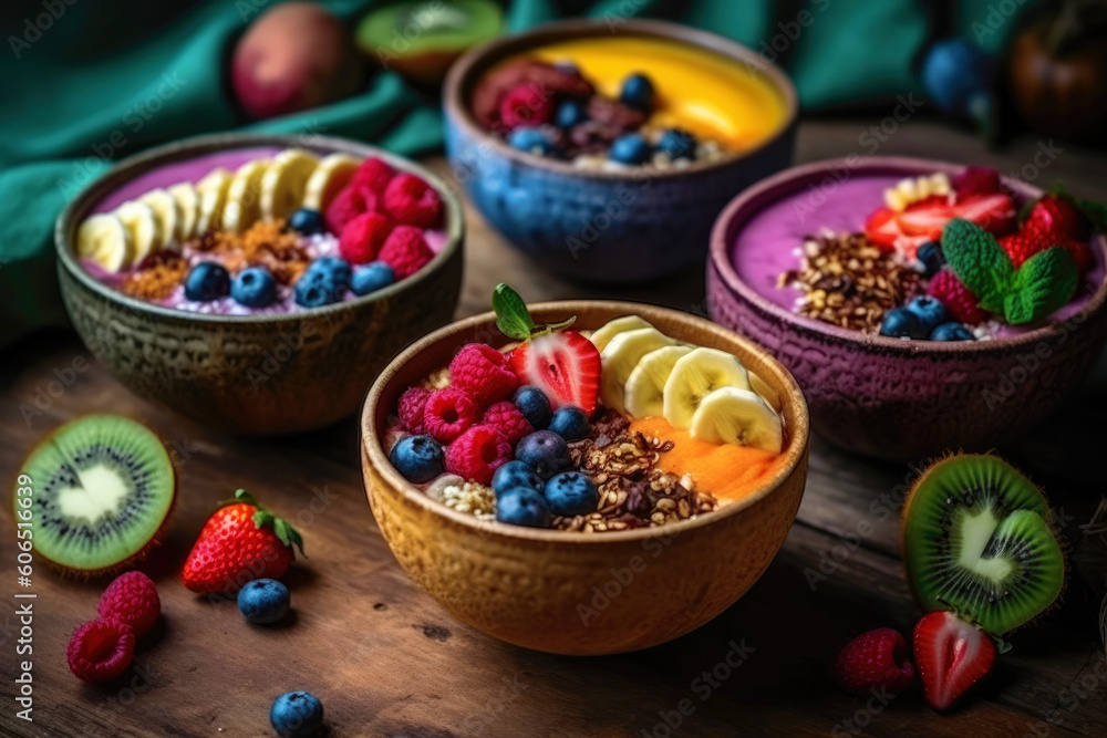 Smoothie bowls. Created with Generative AI technology. Smoothie bowls. Created with Generative AI technology.