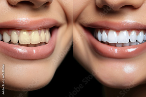 Professional teeth whitening and cleaning, before and after results. Created with Generative AI technology. photo