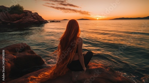  a woman with long hair sitting on a rock near the ocean at sunset or sunrise or sunset, looking out to sea, with the sun setting behind her.  generative ai © Oleg