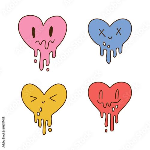 Melted hearts with smile face set. Vintage vector hand drawn illustration for t-shirt, sticker, or apparel merchandise. Heart shaped emoticons in modern pop and retro style.