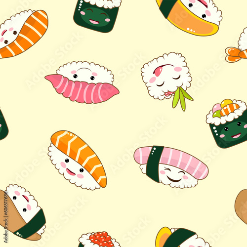 Cute funny asian japanese sushi character seamless pattern.