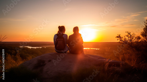 Friends contemplating the sunrise in a beautiful landscape. Generative AI © ai_arts