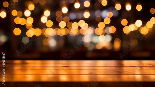 Empty wooden table top with lights bokeh on blur restaurant background, Generative AI