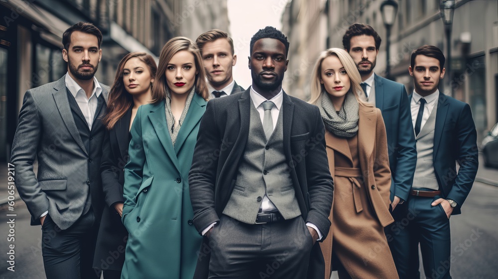Diverse business team in city, partnership, group of business people in front of building, group of business people in a row, Generative AI Diverse business team in city, partnership, group of business people in front of building, group of business people in a row, Generative AI