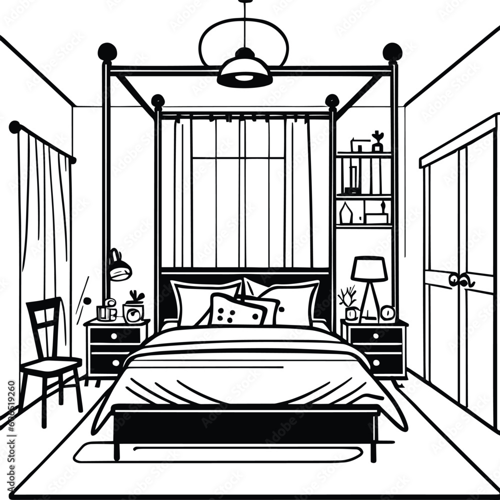 This is line art vector Bedroom Illustration black and white, black and ...