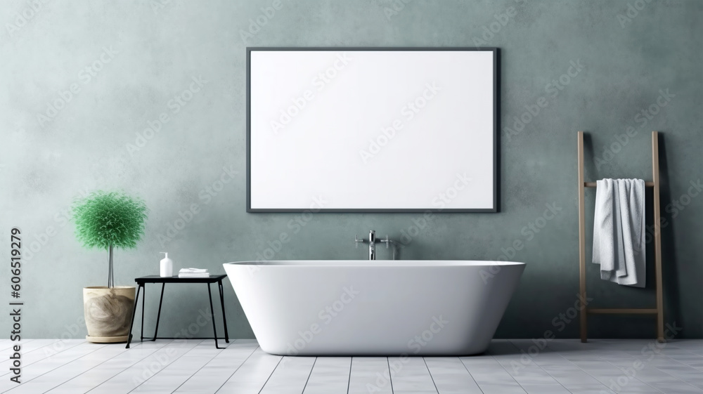 Bathroom design with a bathtub in the center in a minimalist style, Generated AI Bathroom design with a bathtub in the center in a minimalist style, Generated AI