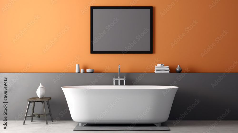 Bathroom design with a bathtub in the center in a minimalist style, Generated AI Bathroom design with a bathtub in the center in a minimalist style, Generated AI