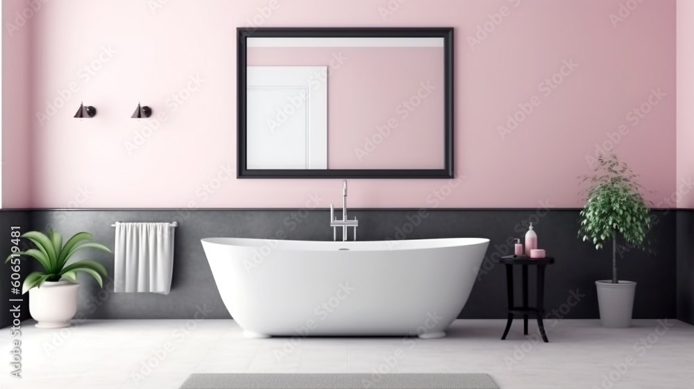 Bathroom design with a bathtub in the center in a minimalist style, Generated AI Bathroom design with a bathtub in the center in a minimalist style, Generated AI