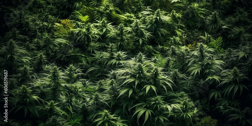 blooming cannabis marijuana hemp bush with leaves and cones on legal farm. Generative AI