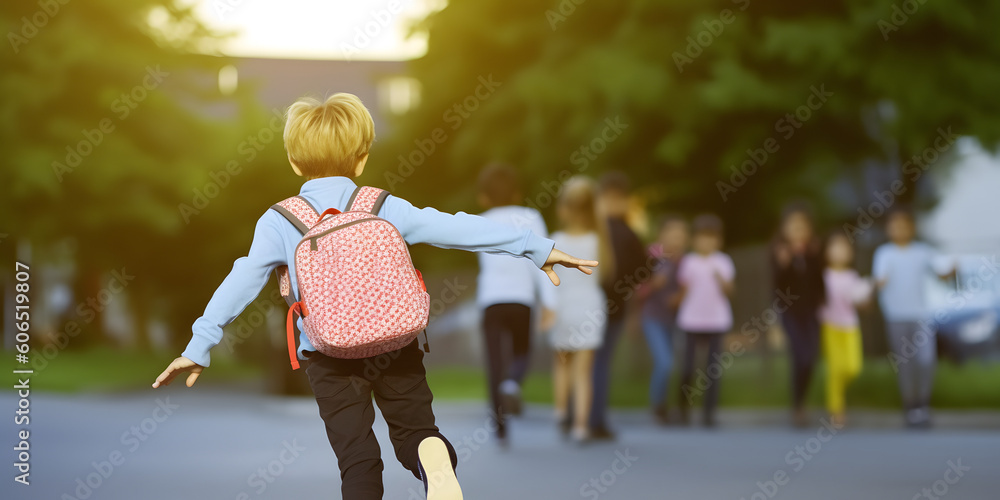 Boy with backpack going to school. Concept of back to school.. AI generated - obrazy, fototapety, plakaty 