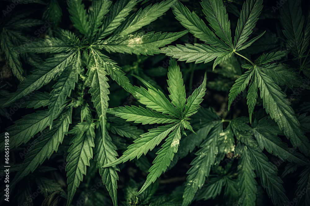 cannabis marijuana leaves on green hemp bushes close-up. Generative AI