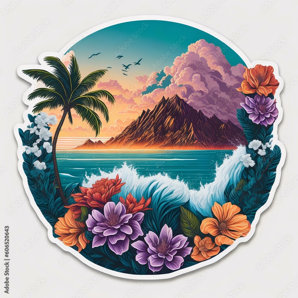 Valokuva sticker Vibrant Beach Getaway with Palm Trees and Waves