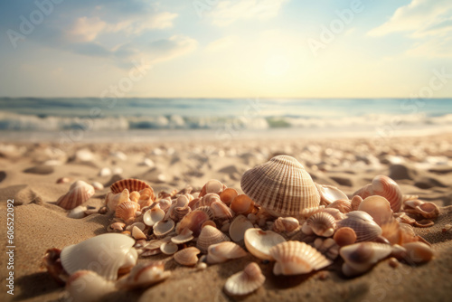A bunch of seashells on a beach creates an ideal natural landscape for aquatic adventures and exploration. The beauty of the shells adds to the tropical scenery. AI Generative.