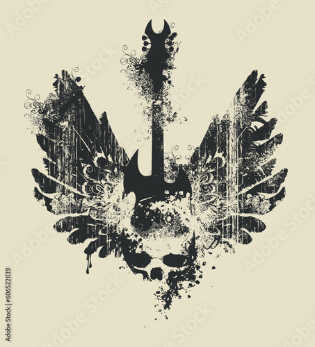 Vector sign illustration with an electric guitar, and human skull and wings with splashes and curls in grunge style