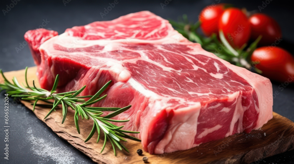 raw beef steak with spices on table. generative ai raw beef steak with spices on table. generative ai
