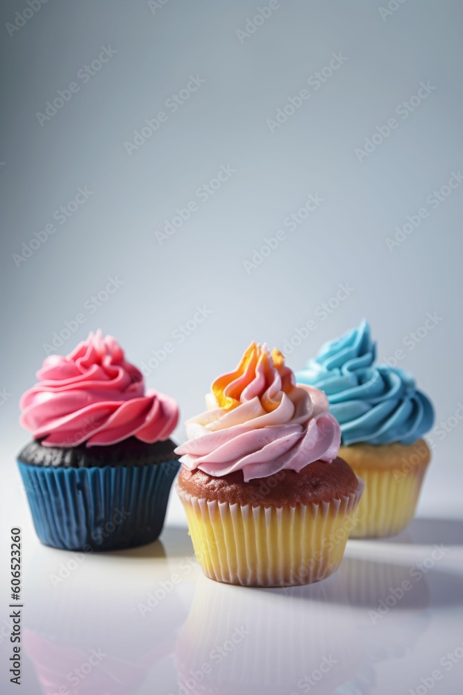 Cupcakes colorés sur un fond neutre, illustration culinaire de petit gâteaux, ia générative
