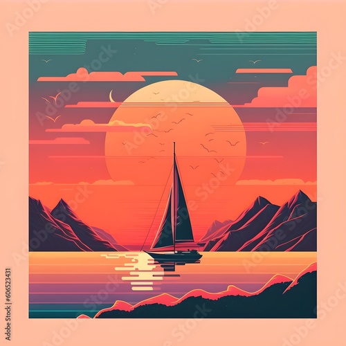 Sailboat in sea during sunset in retro flat art style. Sailboat,  sea, sunset. Created with Generative AI Technology.