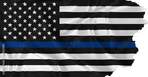 Police flag with thin blue line and torn edges