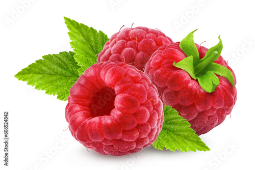 Raspberry isolated. Ripe raspberries with leaves on a white background.