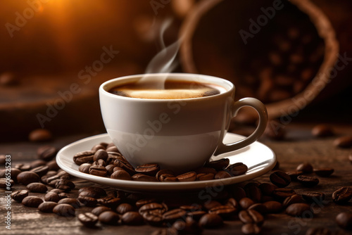 Cup of coffee latte with heart shape and coffee beans on old wooden background. Generated by AI © STORYTELLER