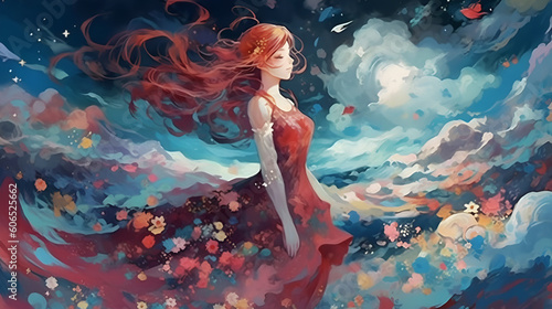 Red Haired woman in red dress standing in the sea at night, Generative AI