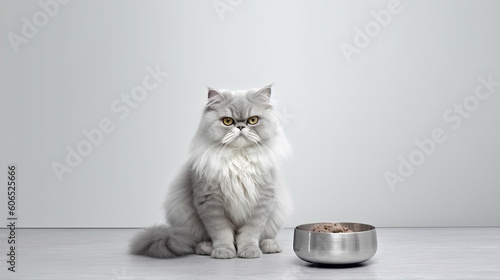 Persian cat with a bowl of food on a white background. Copy space. Generative AI.