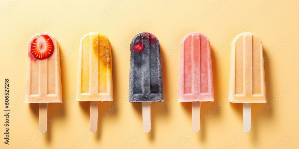 Assortment of different fruit popsicles on stick isolated on yellow background, top view. Tasty ice creams in a row with black one, copy space. Generative AI professional photo imitation. Assortment of different fruit popsicles on stick isolated on yellow background, top view. Tasty ice creams in a row with black one, copy space. Generative AI professional photo imitation.