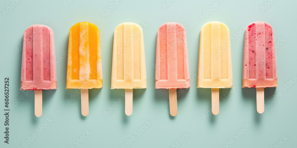 Minimal Assortment of different fruit popsicles on stick isolated on green background, top view. Tasty ice creams in a row with copy space. Generative AI professional photo imitation. Minimal Assortment of different fruit popsicles on stick isolated on green background, top view. Tasty ice creams in a row with copy space. Generative AI professional photo imitation.