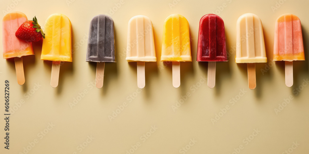 Assortment of different fruit popsicles on stick isolated on beige background, top view. Tasty ice creams in a row with copy space for text. Generative AI professional photo imitation. Assortment of different fruit popsicles on stick isolated on beige background, top view. Tasty ice creams in a row with copy space for text. Generative AI professional photo imitation.