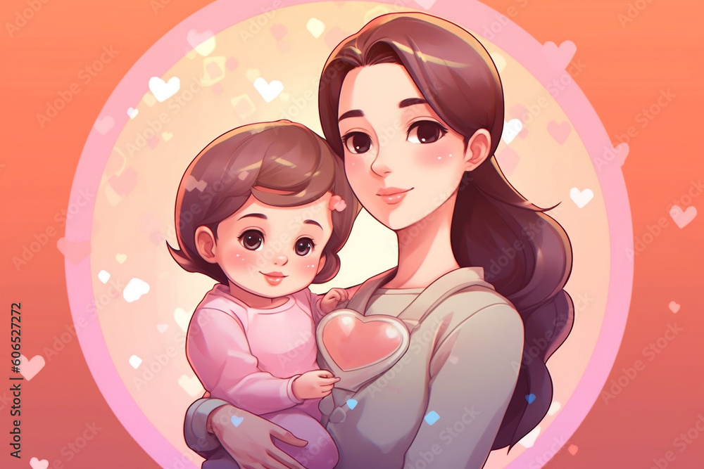 Happy mothers day, beautiful mother and daughter character, hand drawn chibi cartoon art illustration. Generative AI Happy mothers day, beautiful mother and daughter character, hand drawn chibi cartoon art illustration. Generative AI
