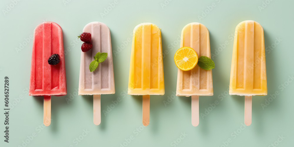 Assortment of different fruit popsicles on stick isolated on green background, top view. Tasty ice creams in a row with mint leaves and berry, copy space. Generative AI professional photo imitation. Assortment of different fruit popsicles on stick isolated on green background, top view. Tasty ice creams in a row with mint leaves and berry, copy space. Generative AI professional photo imitation.