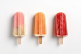 An assortment of different fruit popsicles on wooden stick isolated on a white background, top view. Tasty ice creams in a row with copy space. Generative AI professional photo imitation.