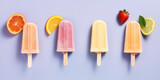 Assortment of different fruit popsicles on stick isolated on purple background, top view. Tasty ice creams in a row with copy space. Generative AI professional photo imitation.
