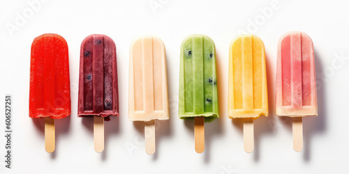 Above assortment of different fruit popsicles on a stick isolated on a white background, top view. Tasty ice creams in a row with copy space. Generative AI professional photo imitation.