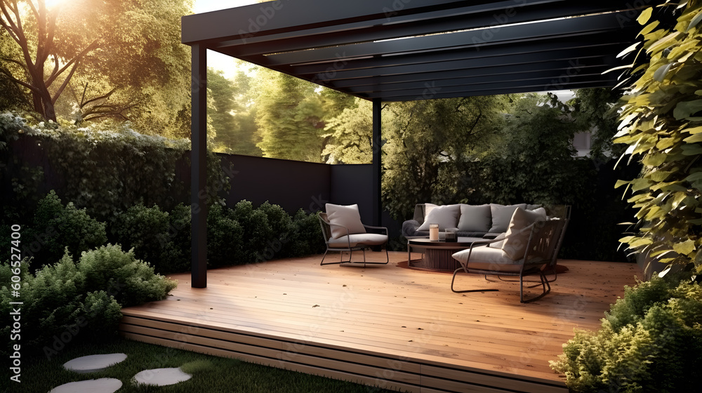 Discover the Luxurious Outdoors: Where a Teak Deck and Modern Black Pergola Create a Garden Haven with generative AI Technology