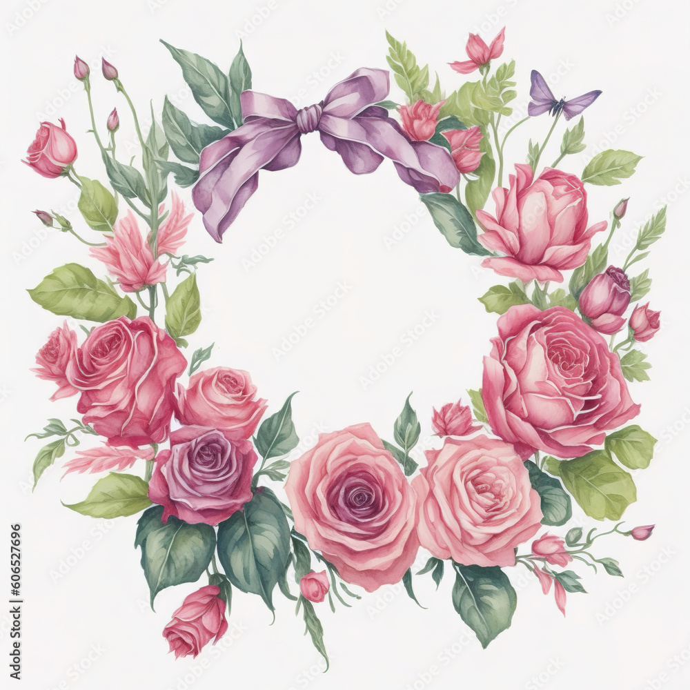 Vintage floral wreath with roses, butterflies and a violet bow.