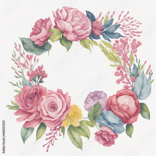 A watercolor floral wreath with peony flowers, roses, leaves and branches