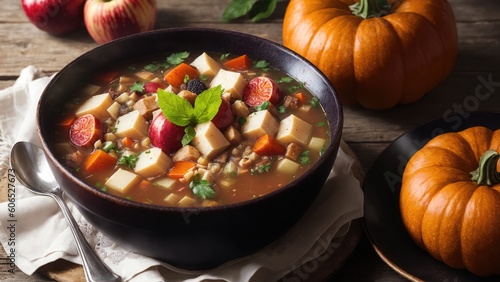 pumpkin soup with meat and vegetables