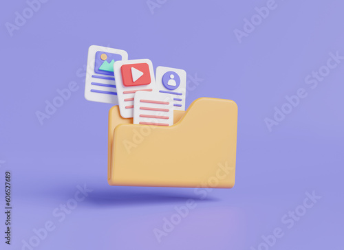 File management concept. Folder icon with paper document, Image, profile, video file. Computer folder, data storage, archive for reports, paper icon, gallery data. 3D minimal rendering illustration