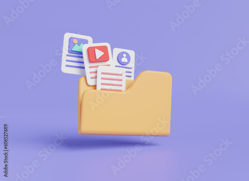 File management concept. Folder icon with paper document, Image, profile, video file. Computer folder, data storage, archive for reports, paper icon, gallery data. 3D minimal rendering illustration photo