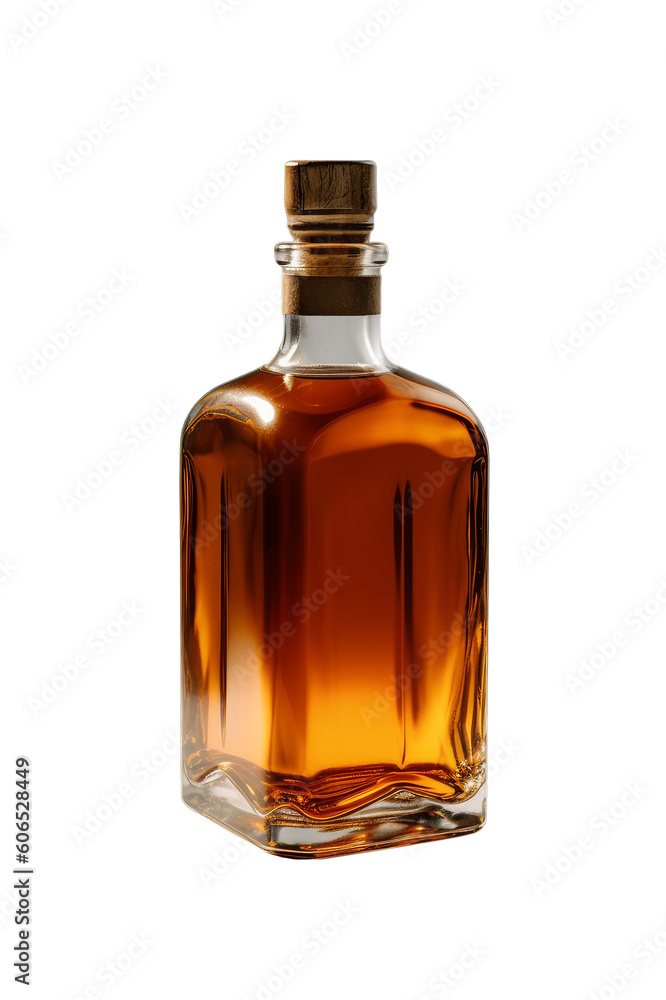 A full glass bottle of whisky, cognac on a transparent background, Generative AI