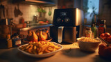 Air fryer machine cooking potato fried in kitchen. Lifestyle of new normal cooking,  Created using generative AI tools.