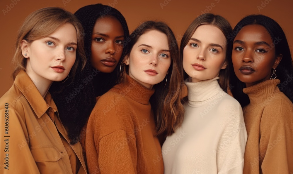 Group of diverse women standing together against brown background, Multi ethnic females looking at camera in studio, generative AI Group of diverse women standing together against brown background, Multi ethnic females looking at camera in studio, generative AI