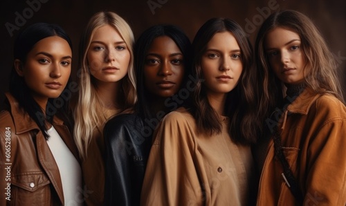 Group of diverse women standing together against brown background, Multi ethnic females looking at camera in studio, generative AI