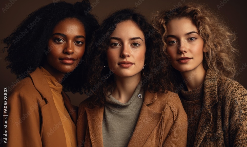 Group of diverse women standing together against brown background, Multi ethnic females looking at camera in studio, generative AI Group of diverse women standing together against brown background, Multi ethnic females looking at camera in studio, generative AI