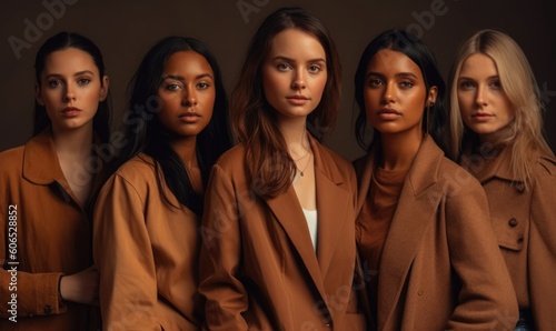 Group of diverse women standing together against brown background, Multi ethnic females looking at camera in studio, generative AI © Enigma