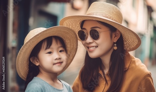 Happy Asian mother and daughter having fun outdoor, generative AI